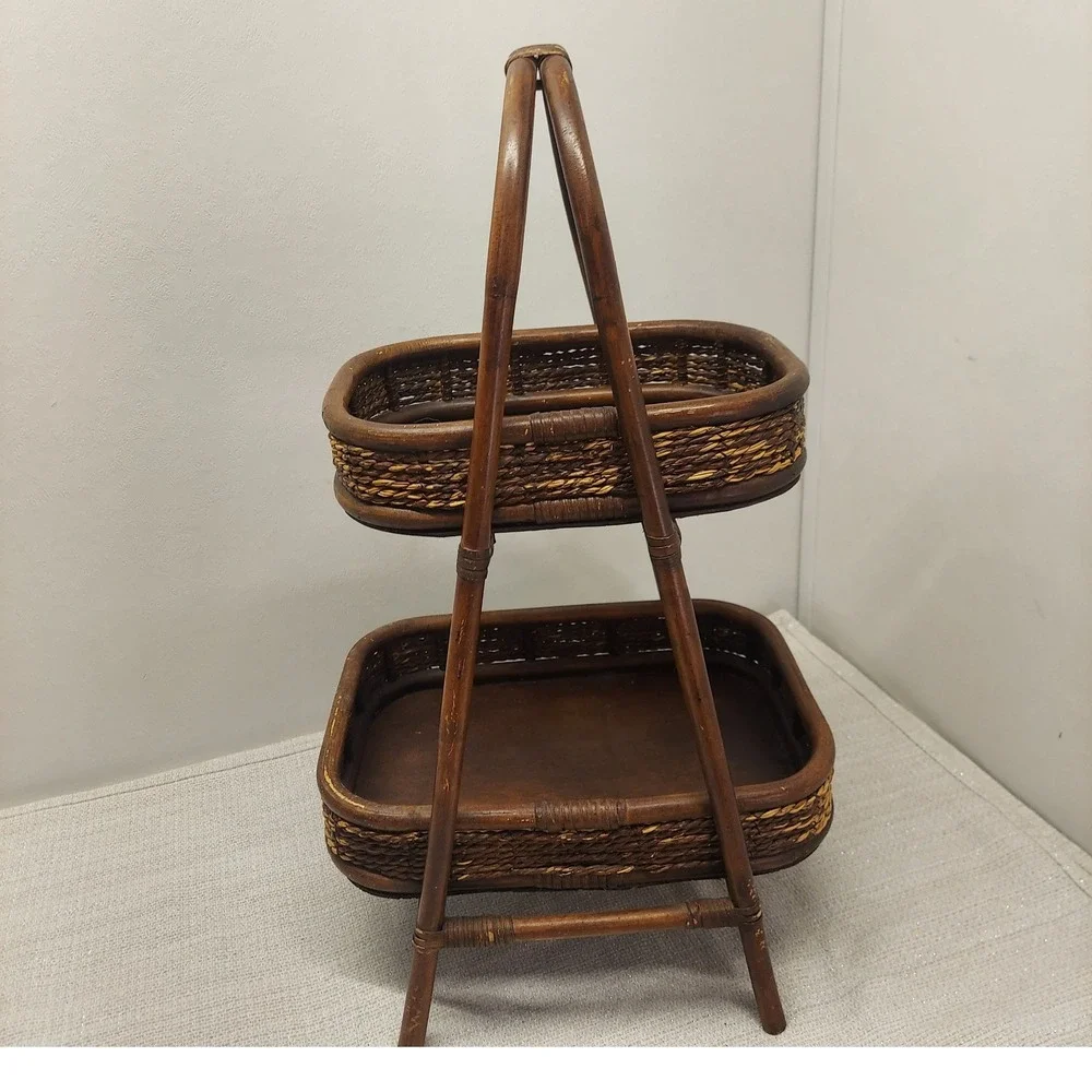 Vintage Dark Brown Bamboo Wicker Rattan 2-Tier Serving Stand MCM Boho